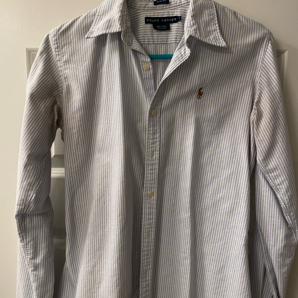 Ralph Lauren fitted slim fit button down blue and white stripe womens